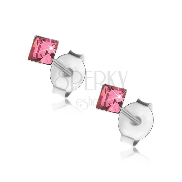 Puzetové náušnice, stříbro 925, čtvercový krystalek v růžovém odstínu, 3 mm