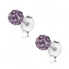 Stříbrné náušnice 925, fialová třpytivá kulička, krystaly Preciosa, 4 mm