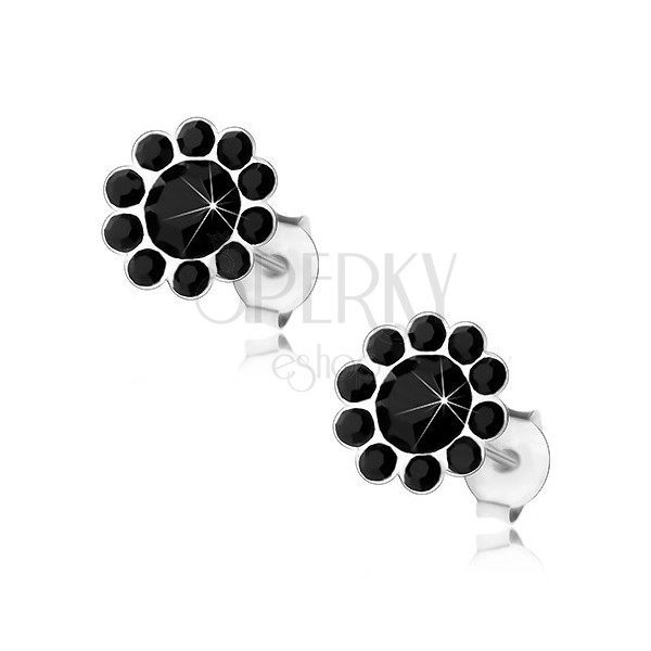 Puzetové náušnice, stříbro 925, květ z krystalků Preciosa černé barvy