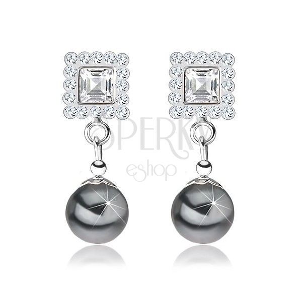 Náušnice ze stříbra 925, čtverec zdobený šedými krystaly, šedá perla