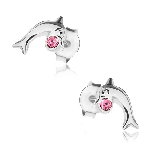 Levně Stříbrné 925 náušnice, lesklý skákající delfín s růžovým krystalkem Swarovski