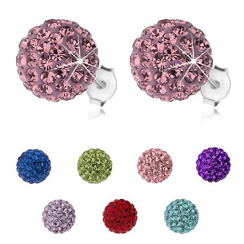 Stříbrné náušnice 925, třpytivé kuličky s krystaly Preciosa, 10 mm - Barva: Růžová