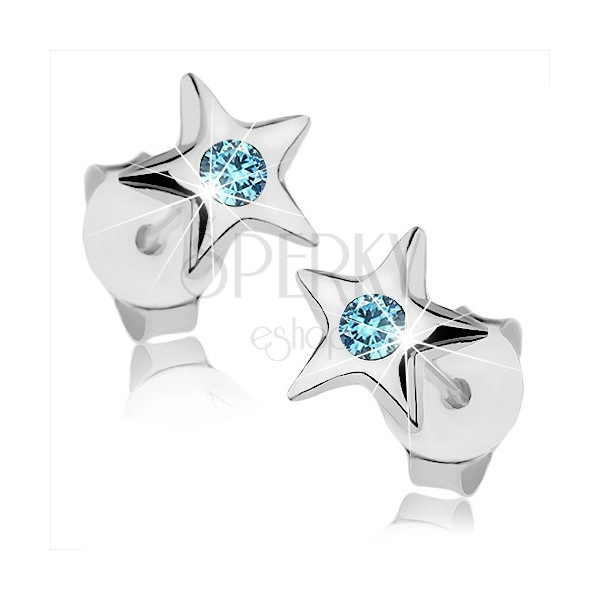 Stříbrné 925 náušnice, lesklá pěticípá hvězdička, světle modrý krystalek