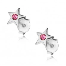 Stříbrné náušnice 925, lesklá hvězdička s krystalkem v růžovém odstínu