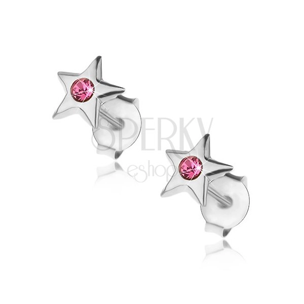 Stříbrné náušnice 925, lesklá hvězdička s krystalkem v růžovém odstínu
