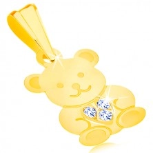 Přívěsek ve žlutém 9K zlatě - lesklý roztomilý medvídek, třpytivé srdíčko