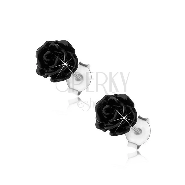Stříbrné náušnice 925, lesklá rozkvetlá růžička černé barvy, puzetky