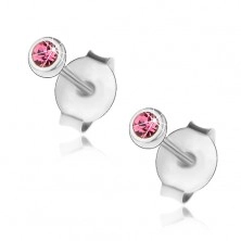 Stříbrné 925 náušnice, drobný růžový krystalek Swarovski v objímce, 3 mm