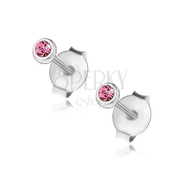 Stříbrné 925 náušnice, drobný růžový krystalek Swarovski v objímce, 3 mm