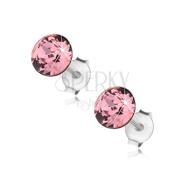 Stříbrné 925 náušnice, kulatý Swarovského krystal růžové barvy, 6 mm