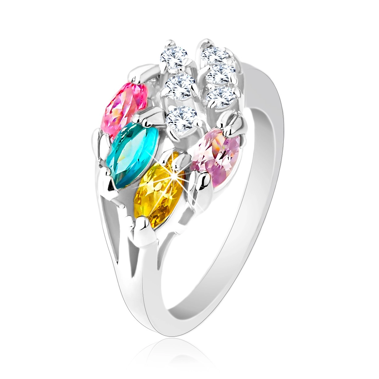 Lesklý prsten stříbrné barvy, barevná zirkonová zrnka, čiré zirkonky - Velikost: 50
