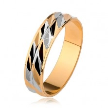 Dvoubarevný blýskavý prsten se šikmými zářezy, zlatá a stříbrná barva
