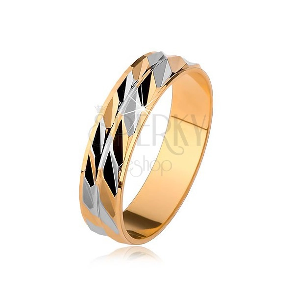 Dvoubarevný blýskavý prsten se šikmými zářezy, zlatá a stříbrná barva