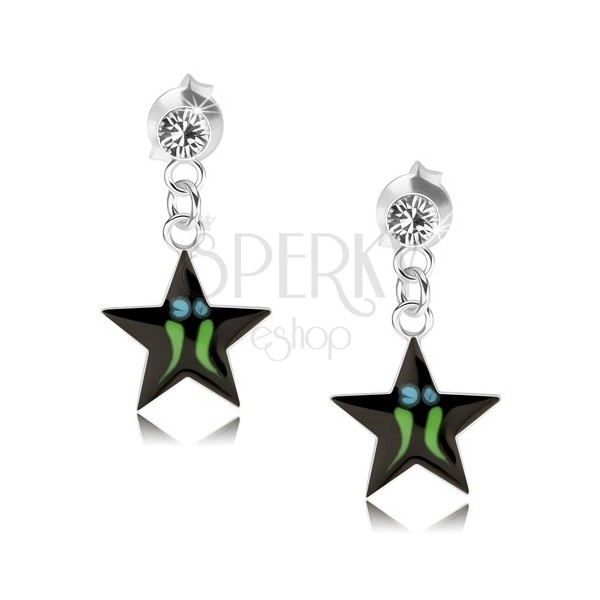 Stříbrné náušnice 925, černá hvězda - zelené proužky, čirý krystal Swarovski