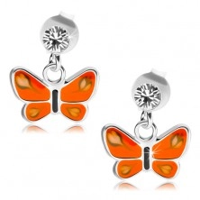 Puzetové náušnice, stříbro 925, čirý krystal, motýl s oranžovými křídly