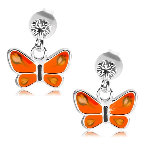 Levně Puzetové náušnice, stříbro 925, čirý krystal, motýl s oranžovými křídly