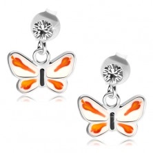 Stříbrné 925 náušnice, čirý krystalek Swarovski, bílo-oranžový motýlek