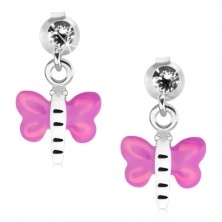 Stříbrné náušnice 925, čirý krystal, motýl s fialovo-růžovými křídly