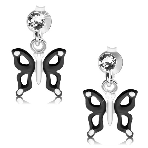 Stříbrné náušnice 925, černobílý motýlek s výřezy na křídlech, krystal