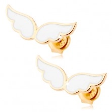 Zlaté náušnice 375 - andělská křídla zdobená bílou glazurou, puzetky