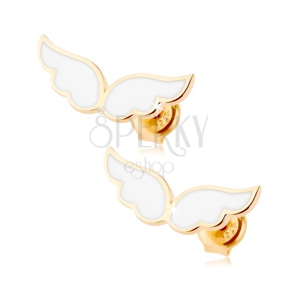 Zlaté náušnice 375 - andělská křídla zdobená bílou glazurou, puzetky