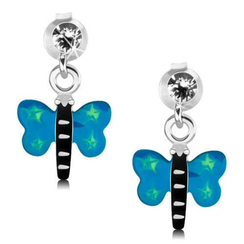 Náušnice ze stříbra 925, motýl s modrými křídly a zelenými hvězdičkami