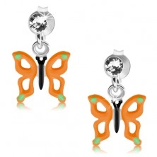 Puzetové náušnice, stříbro 925, motýl s oranžovými křídly, výřezy, krystal