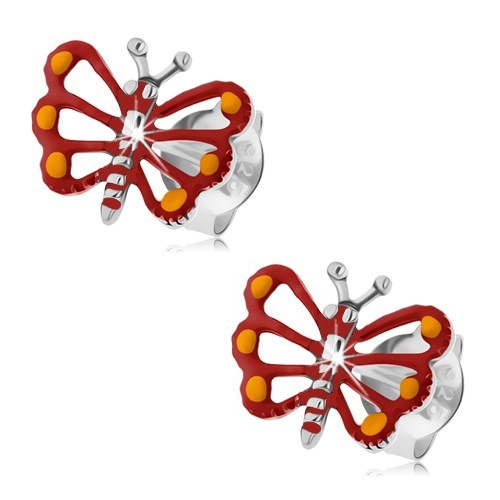 Stříbrné náušnice 925, červený motýlek s vyřezávanými křídly, patina