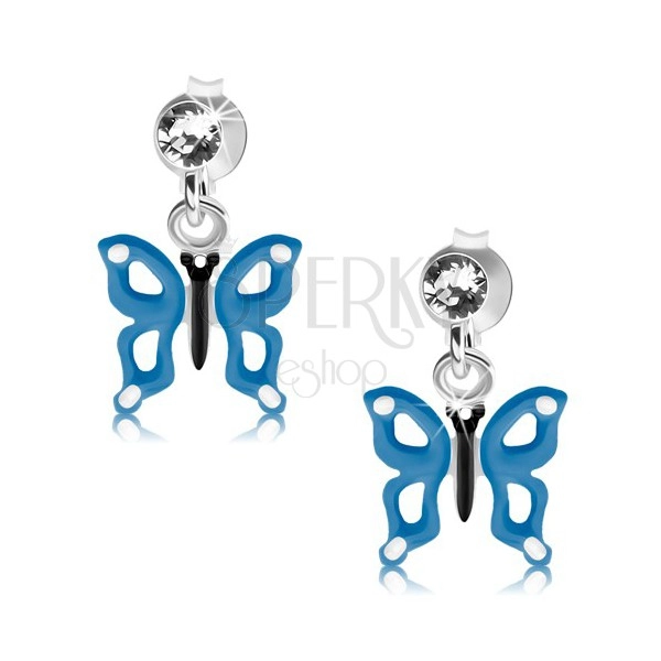 Stříbrné náušnice 925, modrobílý motýlek s výřezy na křídlech, krystal