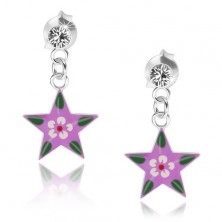 Náušnice ze stříbra 925, čirý krystalek, fialová hvězda s barevným květem