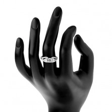 Stříbrný 925 prsten, blýskavý zirkon, lístky po stranách, rozdvojená ramena