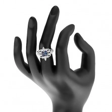 Prsten stříbrné barvy, vertikální zirkonové proužky, zaoblené gravírované linie