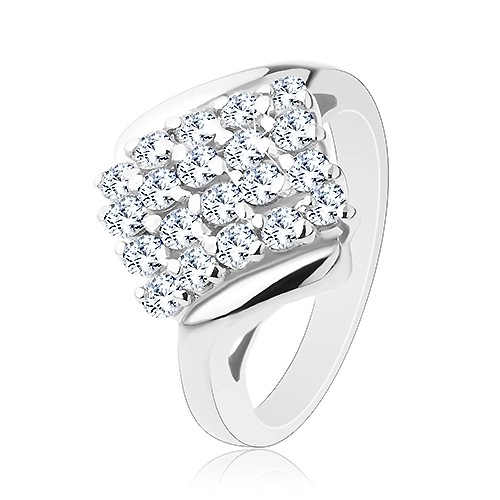 Lesklý prsten stříbrné barvy, blýskavý čtverec posetý barevnými zirkony - Velikost: 59, Barva: Čirá