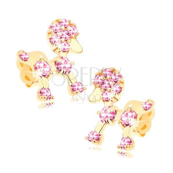 Zlaté puzetové náušnice 585 - malý pudlík zdobený růžovými zirkonky