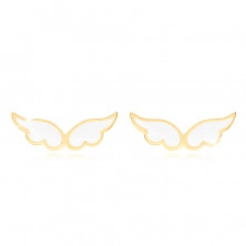 Zlaté náušnice 585 - andělská křídla zdobená bílou glazurou, puzetky