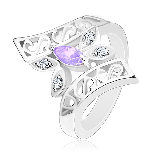Prsten stříbrné barvy, zahnutá zdobená ramena, barevný motýl - Velikost: 52, Barva: Fialová