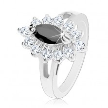 Prsten ve stříbrné barvě, lesklá rozdělená ramena, třpytivý květ