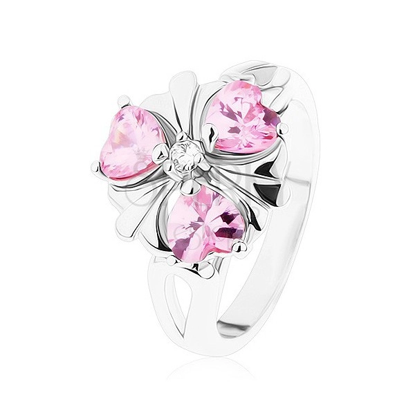 Prsten stříbrné barvy, blýskavý kvítek s růžovými srdíčkovitými zirkony