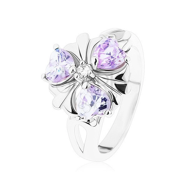 Prsten ve stříbrném odstínu, kvítek s fialovými zirkonovými srdíčky