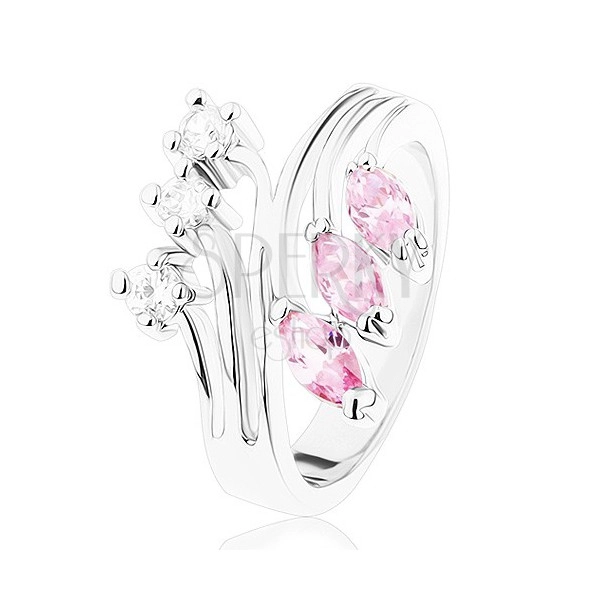 Prsten stříbrné barvy s rozvětvenými rameny, čiré a růžové zirkony