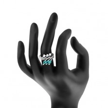 Prsten s rozvětvenými rameny, zirkony čiré a akvamarínové barvy