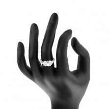 Prsten ve stříbrném odstínu, mašlička z čirých a barevných zirkonů