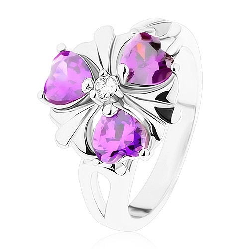 Prsten stříbrné barvy, kvítek ze zirkonových srdíček tmavě fialové barvy - Velikost: 52