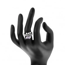 Prsten s lesklými rozvětvenými rameny, čiré a světle fialové zirkony