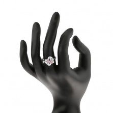 Prsten stříbrné barvy se zvlněnými rameny, růžové a čiré zirkony