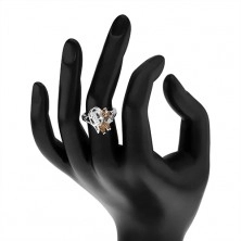 Blýskavý prsten s rozdělenými rameny, čiré a barevné zirkony, stuha