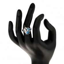 Blýskavý prsten s rozdělenými rameny, čiré a barevné zirkony, stuha