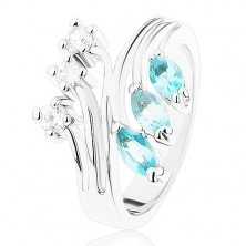 Prsten s rozvětvenými rameny, světle modré a čiré zirkonky