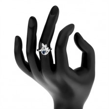 Prsten ve stříbrném odstínu, čirý zirkonový vějíř, tmavomodrý zirkon