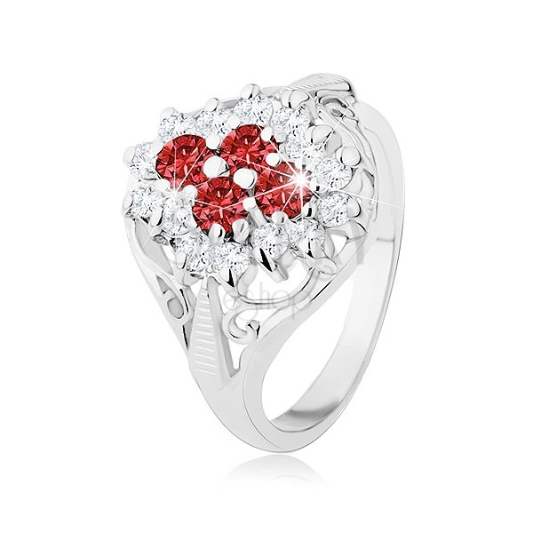 Lesklý prsten s rozdělenými rameny, červeno-čirý zirkonový květ